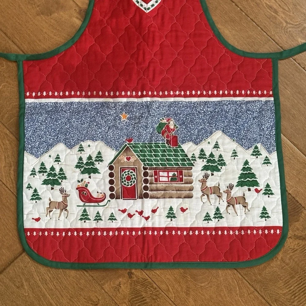 Vintage Handmade Quilted Christmas Village Apron Santa Cottagecore Reversible‎